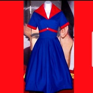 Vintage RockABilly 1940's Blue & Red Contrast Fit n Flare Pinup Dress